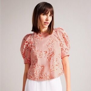 Ted Baker London Meliha Floral‎ Puff Sleeve Tie Back Blouse Pink Coral
